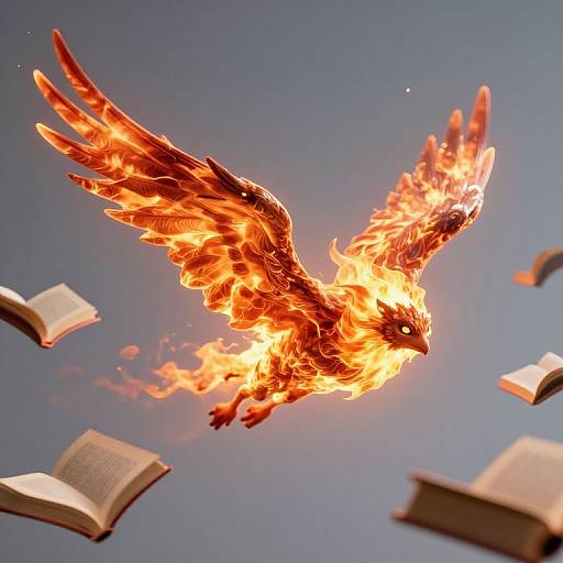 Digital illustration of a fiery phoenix soaring, surrounded by floating open books, against a clear blue sky. Bright orange and yellow flames engulf the bird's body