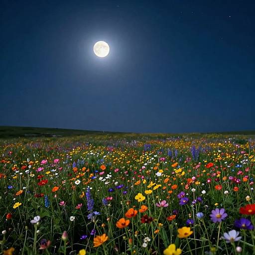 Photograph of a vibrant, moonlit meadow filled with colorful wildflowers under a deep blue, starry night sky with a bright full moon.