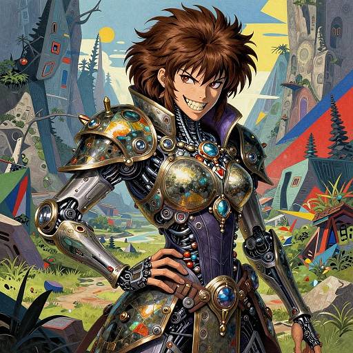 Digital art of a fierce, brown-haired woman with spiky hair in shiny, colorful, futuristic armor, smiling confidently in a vibrant, fantasy landscape with