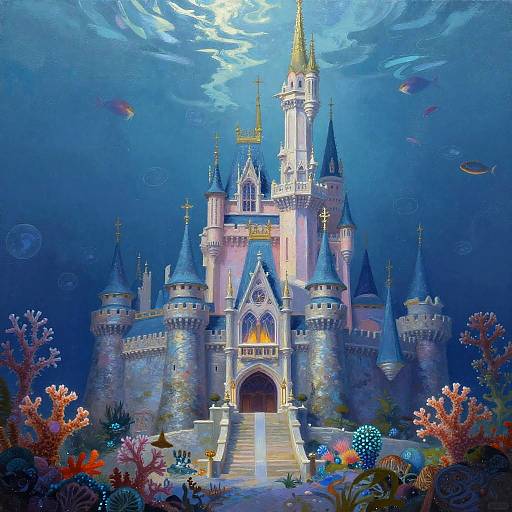 Digital artwork of an underwater castle with blue spires, surrounded by colorful coral reefs, fish, and bubbles, illuminated by sunlight from above.