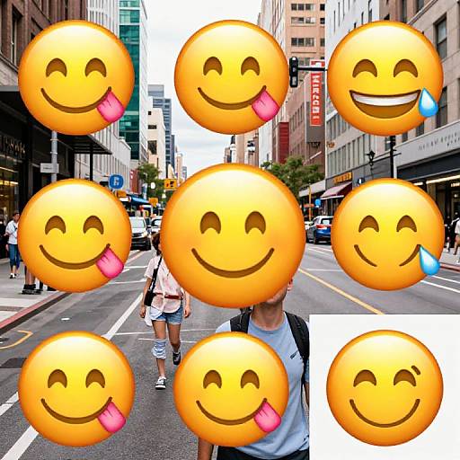 Photograph of urban street with people, overlaid with nine yellow smiley faces with varied expressions and tongue-out emojis.