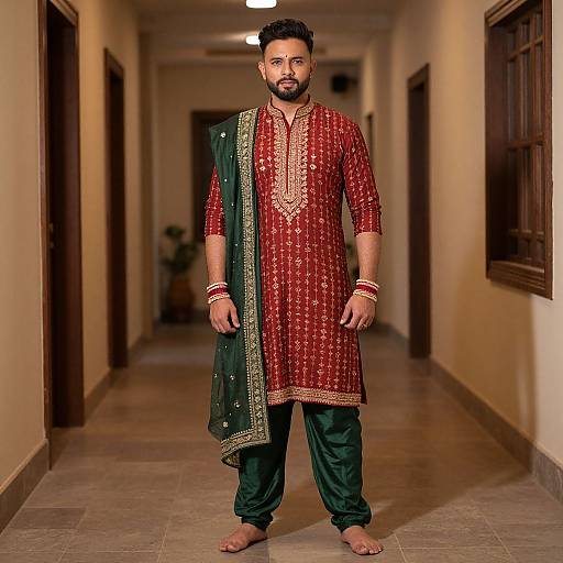 Photograph of a bearded Indian man in a red embroidered kurta, green and gold dhoti, and barefoot, standing in a dim