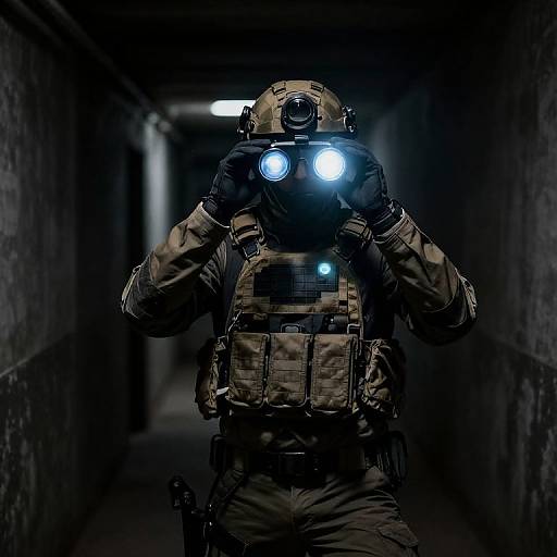 Photograph of a camouflaged soldier in dark tunnel, wearing helmet with headlamp, tactical gear, and holding flashlight, illuminated by glowing blue lights