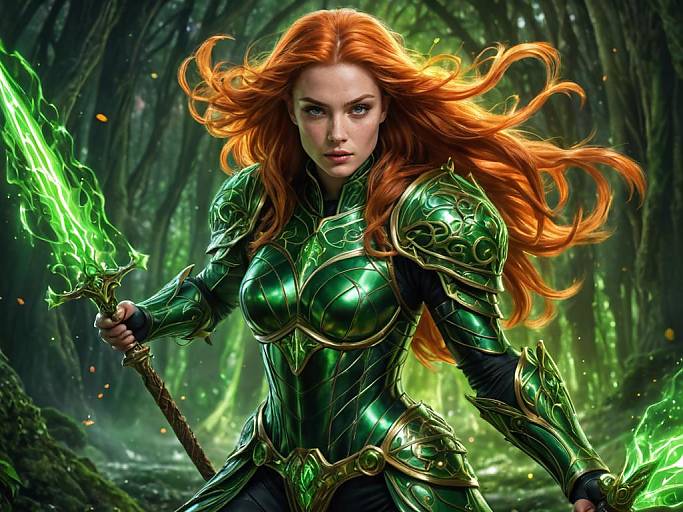 Female Knight with Green Armor and Flaming Swords