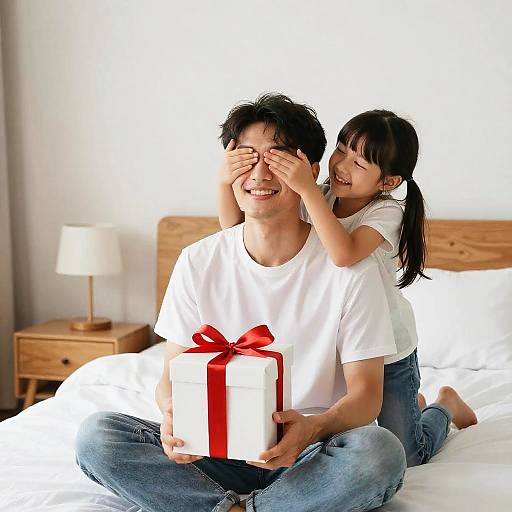 Playful Gift Surprise in Cozy Bedroom