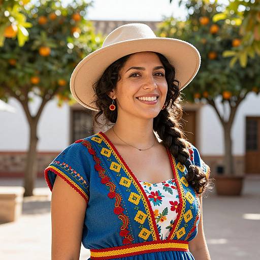 Photograph of a smiling Latina woman with curly black hair, wearing a white hat, blue embroidered dress, and red earrings, standing outdoors in front of