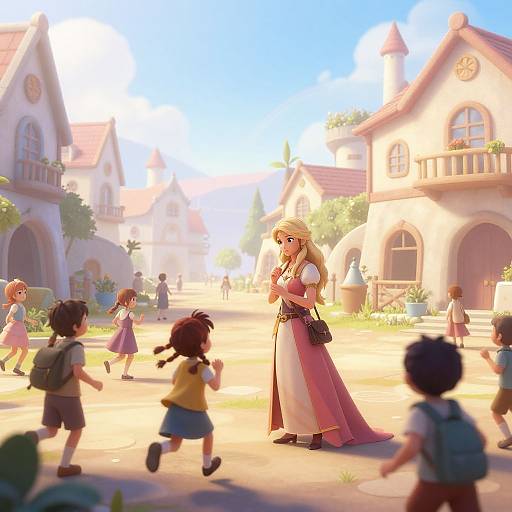 Digital anime-style illustration of a sunlit village square with blonde girl in pink dress, surrounded by children, and medieval-style buildings.