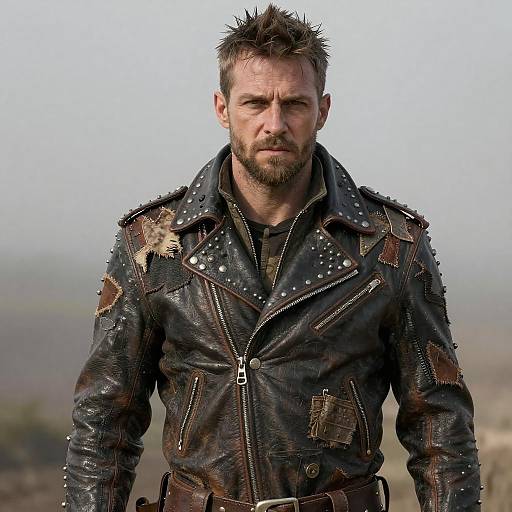 Photograph of a rugged, bearded man with spiked hair, wearing a heavily distressed black leather jacket with metal studs, standing in a foggy,