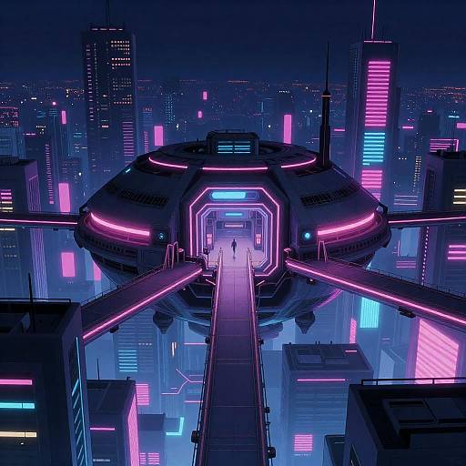 Neon-lit, futuristic cityscape with a glowing, hexagonal spacecraft at center, surrounded by towering skyscrapers illuminated in pink, blue,