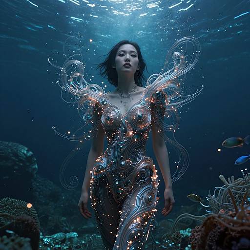 Photograph of a dark-haired woman underwater, wearing a glowing, swirling, bioluminescent dress, surrounded by coral and fish, with blue,