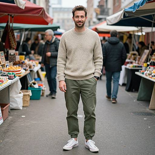 Photograph of a bearded man with short dark hair, wearing a beige sweater, olive pants, and white sneakers, standing in a busy outdoor market