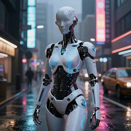 CGI image of a futuristic, white and black android woman with glowing blue accents, standing in a neon-lit, rainy urban street.