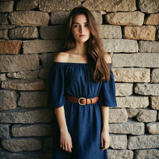 Young Woman in Blue Off-Shoulder Dress