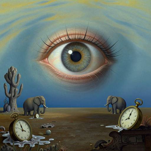 Surreal digital artwork of a giant eye with detailed iris, surrounded by cacti, elephants, and clocks in a desert, with blue and