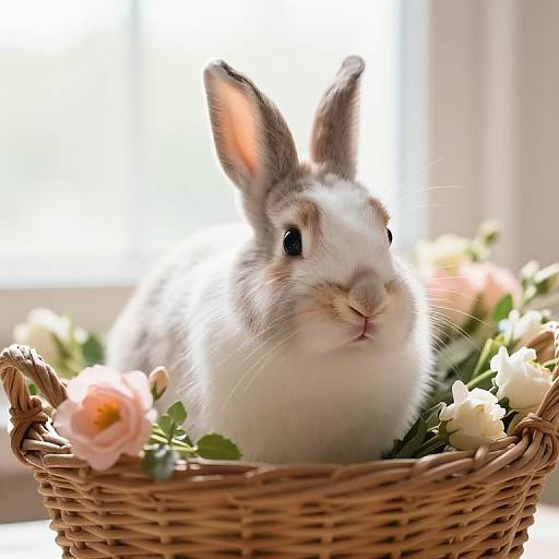 Photograph of a white and gray rabbit with large ears, sitting in a wicker basket filled with pink and white flowers. Bright, sunlit background