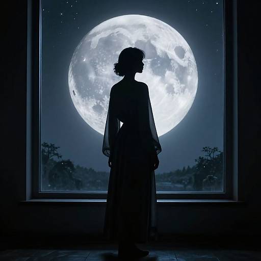 Silhouetted woman in long dress standing before large, glowing full moon through window; starry night sky and darkened room. Digital art.