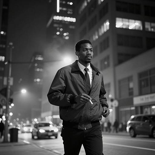 Black-and-White Photo of Man Running at Night in City