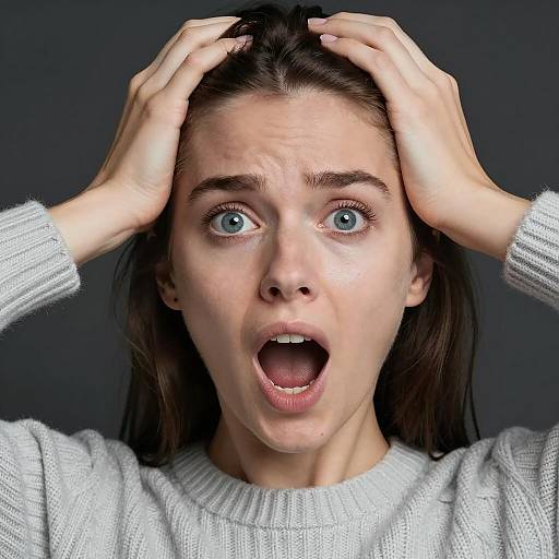 Shocked Woman in Cable-Knit Sweater