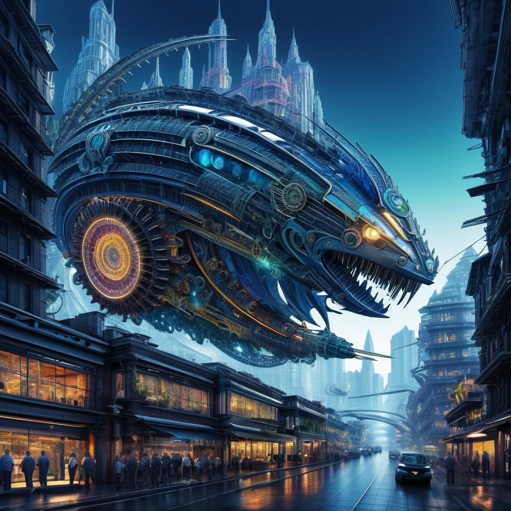 Mechanical Leviathan in Cybernetic Cityscape