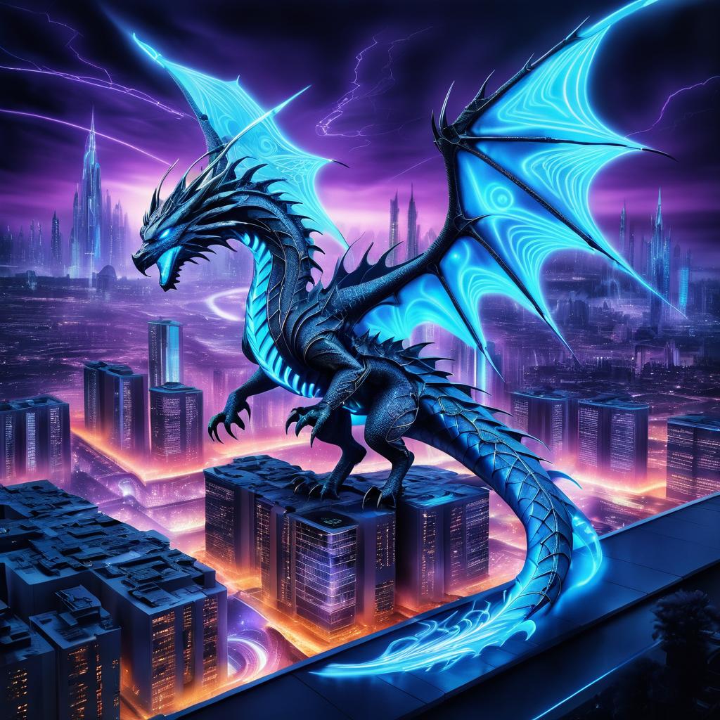 Futuristic Cityscape with Cybernetic Dragon-Djinn