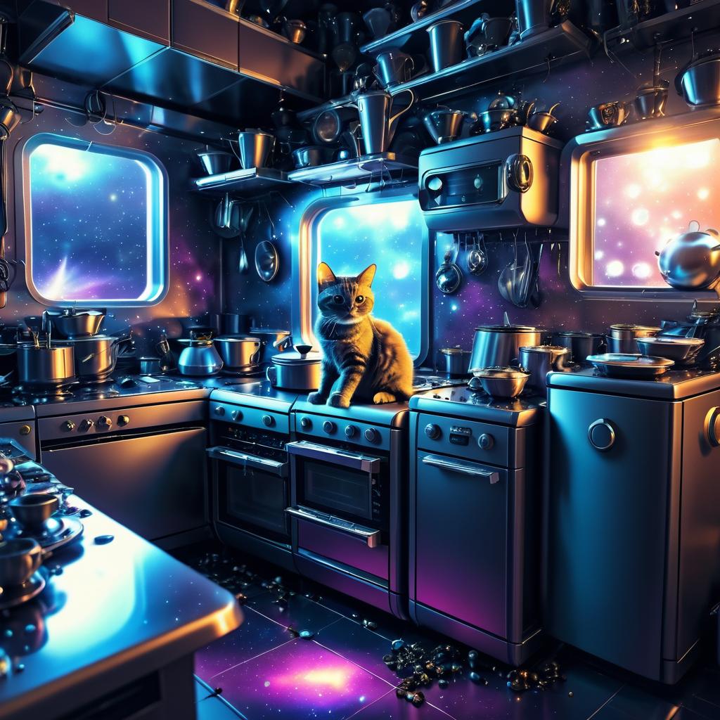 Grumpy Alien Cat in Cluttered Spaceship Kitchen