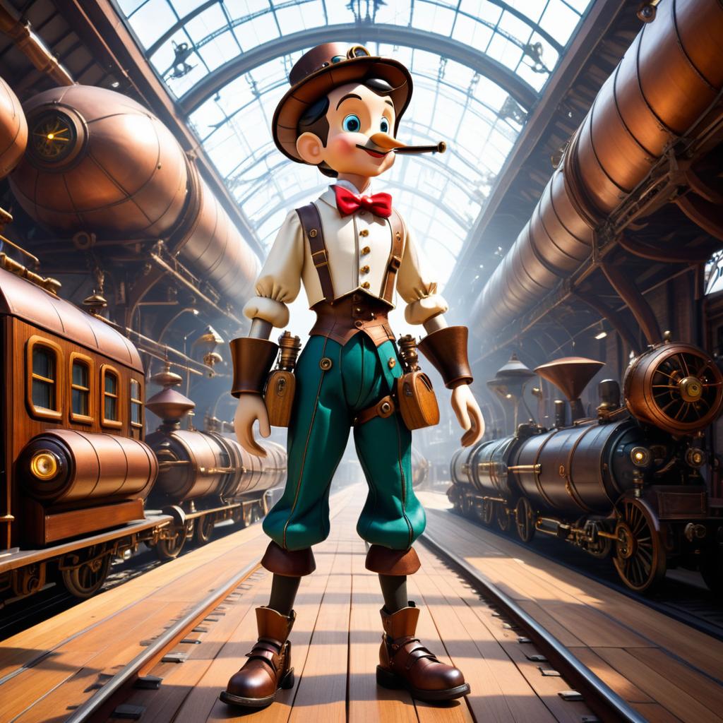 Steampunk Pinocchio in a Futuristic Depot