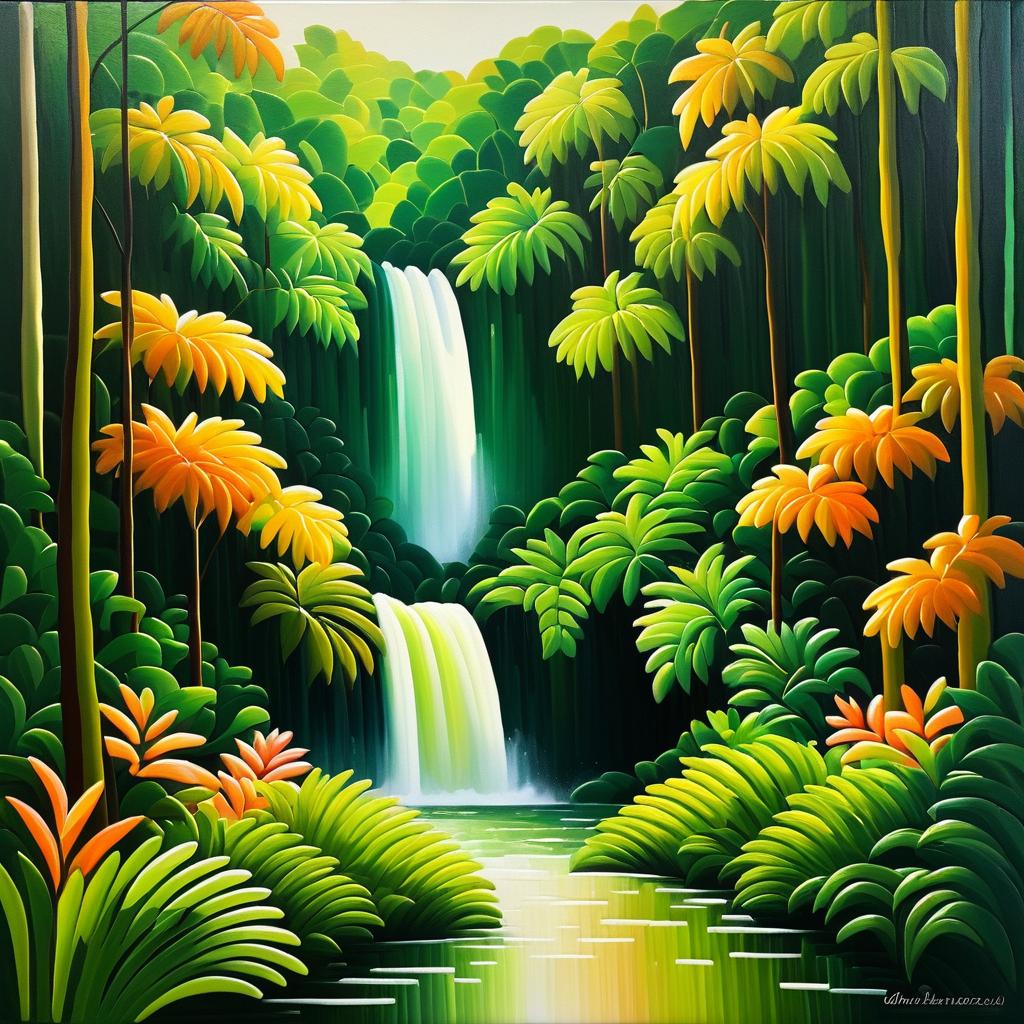 Lush Jungle Waterfall in Rousseau Style