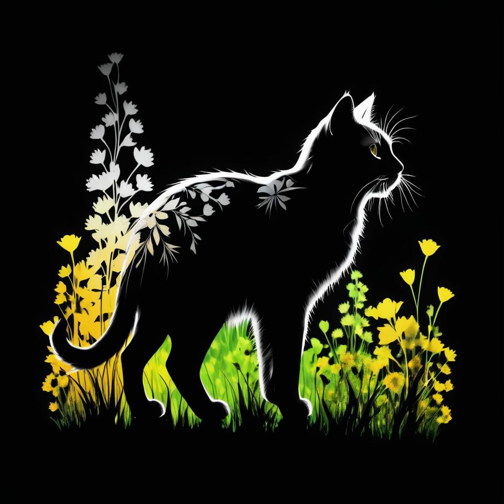 Cat Silhouette with Wildflower Double Exposure