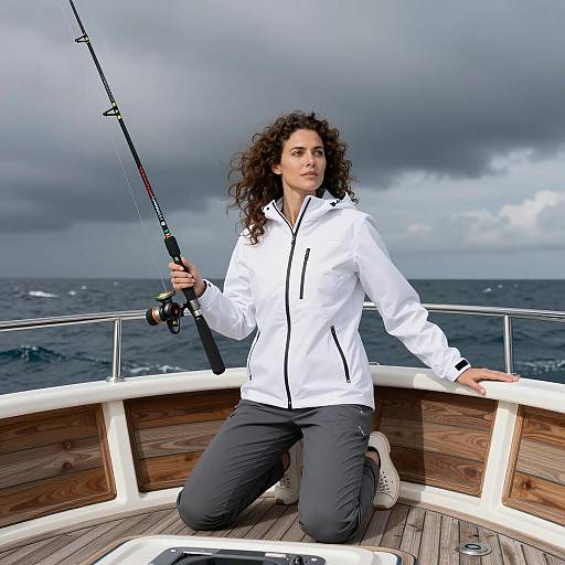 Woman Fishing on Sailboat Deck