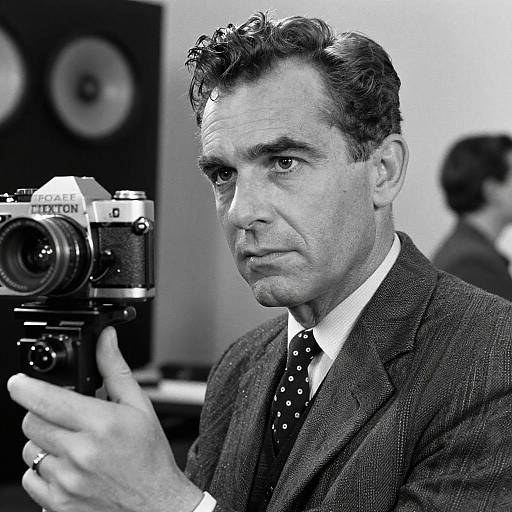 Black-and-white photograph of a serious, middle-aged man with short, wavy hair, wearing a pinstriped suit and polka-dot tie