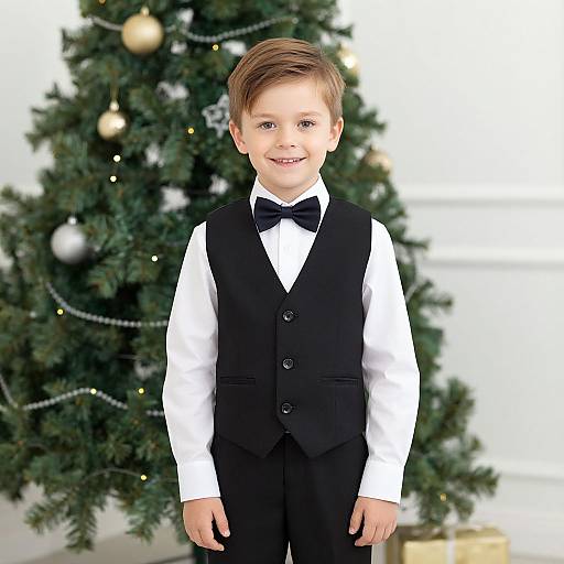 Photograph of a smiling young boy with light brown hair, wearing a black vest, white shirt, and black bow tie, standing in front of a