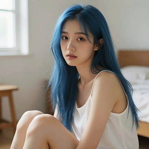 Ultra Realistic Blue-Haired Girl Sitting
