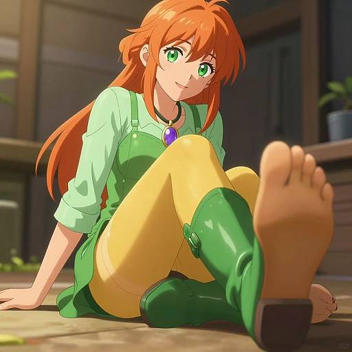 Digital anime-style drawing of a red-haired girl with green eyes, wearing green overalls, yellow leggings, and boots, sitting outdoors with her bare foot