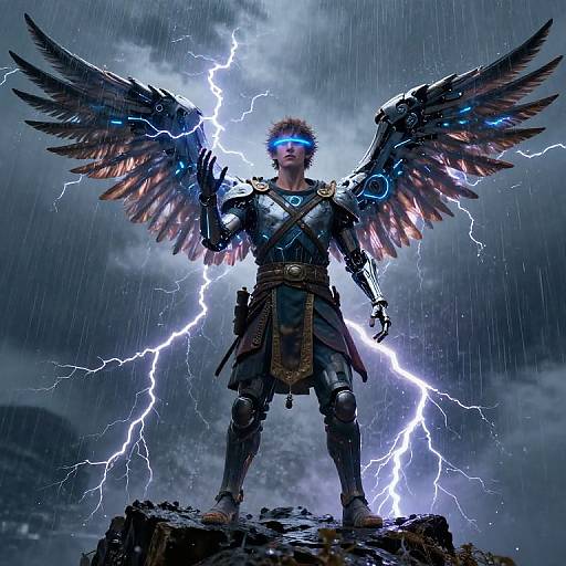 Digital artwork of a lightning-empowered, winged warrior in dark armor standing on rocky ground, with electric blue glow and dramatic stormy sky background