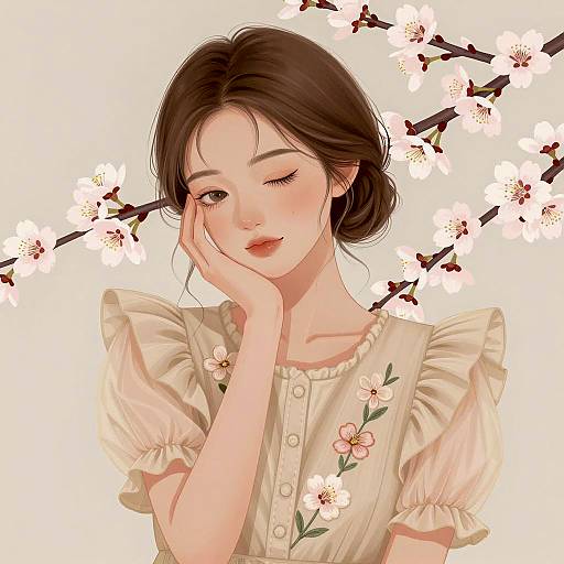 Elegant Young Woman Amid Cherry Blossoms