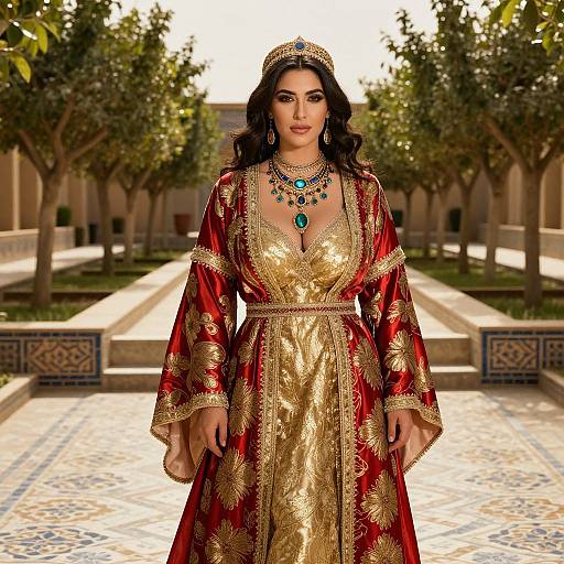 Photorealistic digital image of a dark-haired woman with olive skin, wearing a red and gold embroidered traditional dress, turquoise jewelry, and a tiara