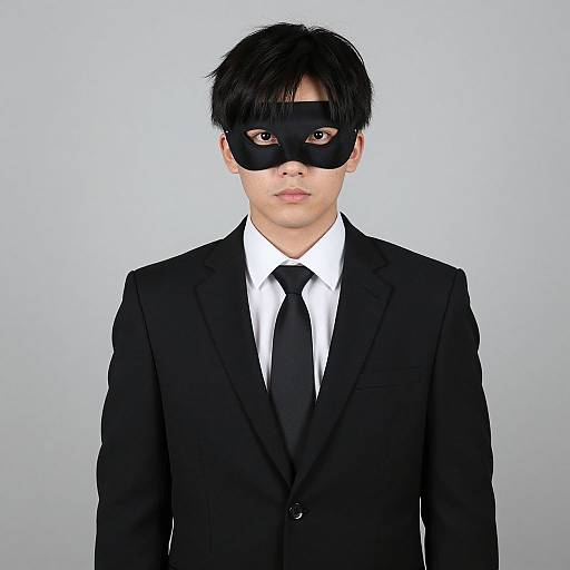 Photograph of a young Asian man in a black suit, white shirt, black tie, and black mask, standing against a plain light gray background.