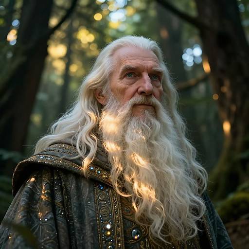 Photograph of an elderly, white-haired wizard with a long, flowing beard, wearing a detailed, dark, ornate robe, standing in a dim