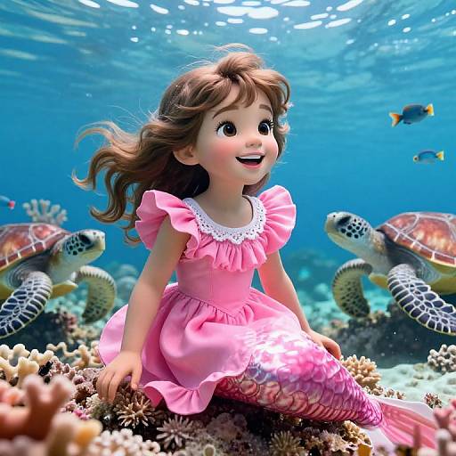 Photorealistic CGI of a smiling, brown-haired mermaid girl in a pink dress, surrounded by sea turtles, colorful coral, and fish underwater.
