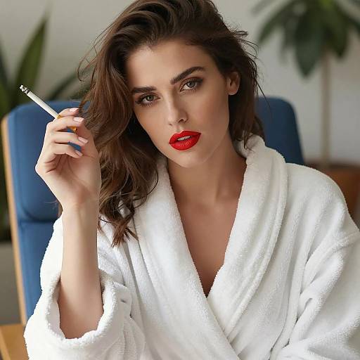 Elegant Woman in Bathrobe with Cigarette