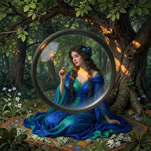 Digital painting: Enchanted forest scene with a fair-skinned woman in a blue-green dress, braided hair, holding a flower, reflected in