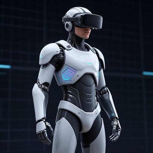 CGI image of a futuristic, white and black humanoid robot with glowing blue accents, wearing a black VR visor, standing against a dark, grid