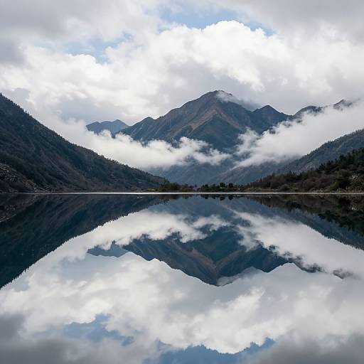Photograph of a mountain with dense forest, reflecting in a calm lake, surrounded by white clouds, creating a mirrored effect.