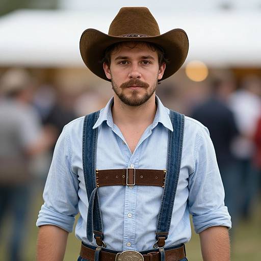 Photograph of a bearded man with brown cowboy hat, light blue shirt, brown leather harness, and suspenders, standing outdoors in front of a