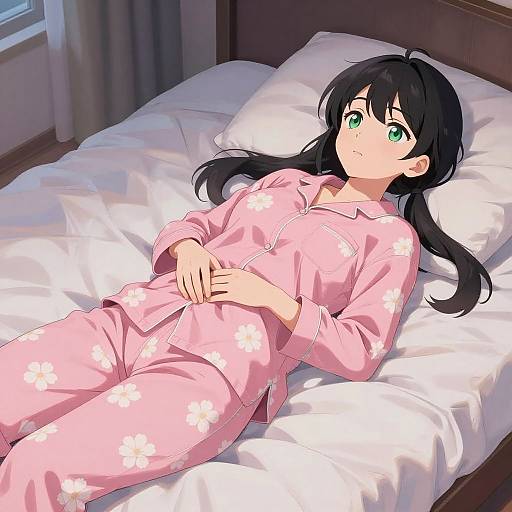 Anime-style digital artwork of a black-haired girl with green eyes, wearing pink floral pajamas, lying on a white bed in a dimly lit room