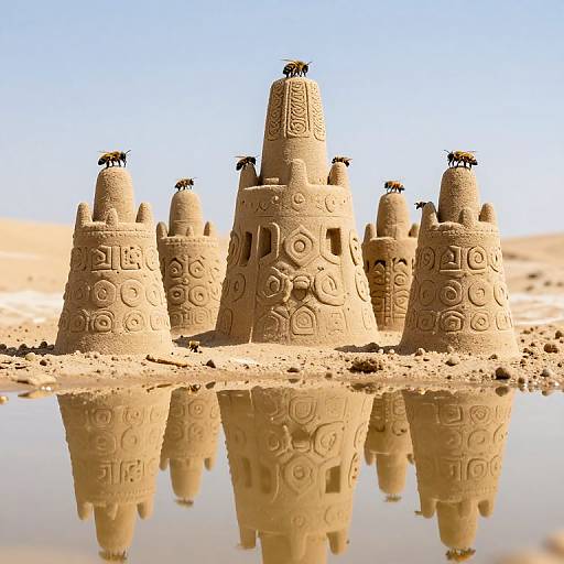 Photograph of intricately patterned sandcastles with small birds on top, reflected in a calm water pool, under a clear blue sky.