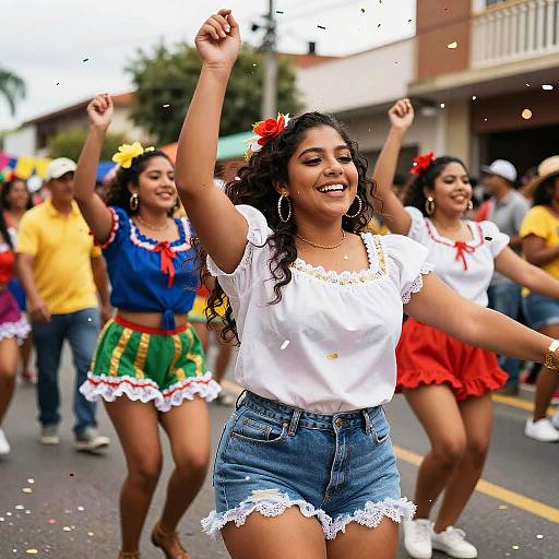 Photograph of a joyful Latina woman with curly hair, wearing a white lace-trimmed blouse and denim shorts, dancing in a colorful parade with fellow