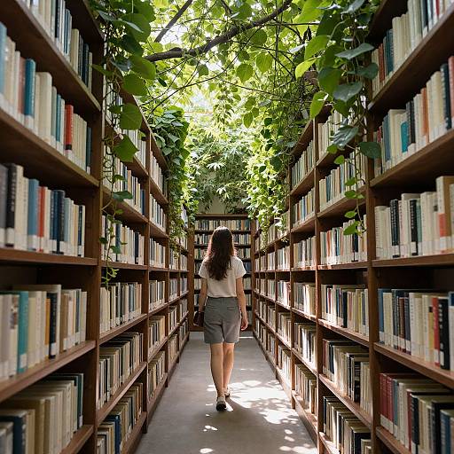 Photograph of a woman with long dark hair, white t-shirt, and gray shorts, walking down a sunlit library aisle with lush green foliage overhead