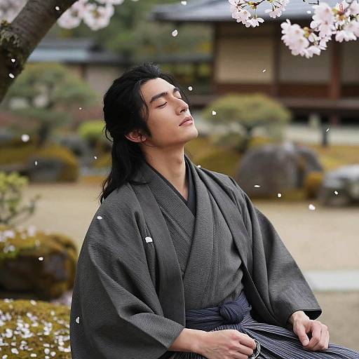 Photograph of a serene Japanese man with long black hair, closed eyes, wearing a dark gray kimono, sitting under cherry blossoms, petals falling