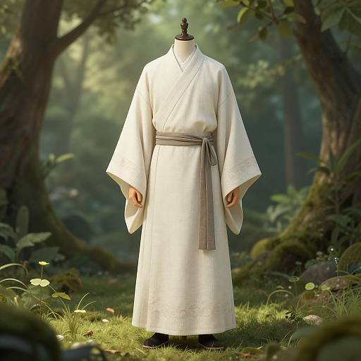 Photograph of a headless mannequin in a white, traditional Japanese kimono with a grey sash, standing in a sunlit, mist